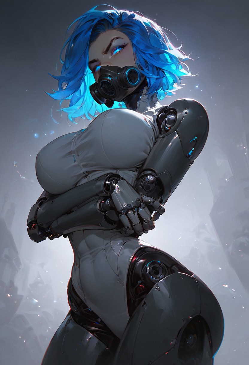 score_9, score_8_up, score_7_up, score_6_up, , a woman, robot girl, robot arms, robot legs, perfect cute face,crossed arms in front of body, perfect beautiful face, circuits on face, blue eyes, short blue hair,  ((big perfect breasts)), squeezing  breasts together, seductive, sexy pose, bubble ass, perfect ass, thick ass, narrow waist, wide hips , dynamic angle, ultraHD, ultrarealistic, unique angle, unique perspective, disgust, dynamic pose, cinematic lighting, volumetric lighting,gas mask, glowing eye,dramatic angle,nightime, moonlight, futuristic bedroom, BREAK