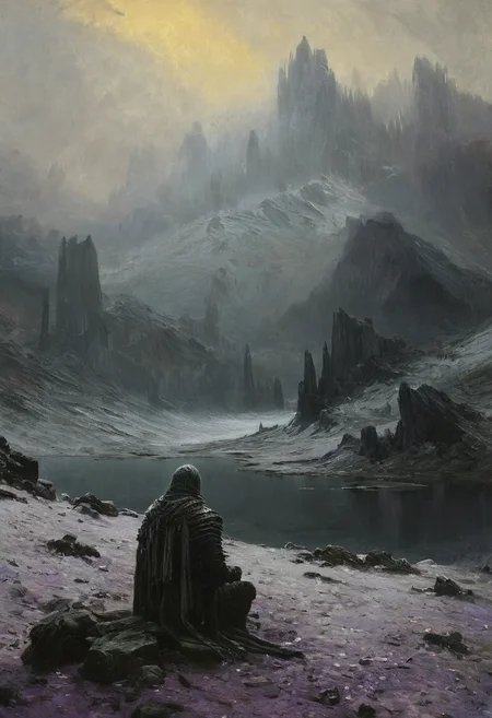 Oil painting, by Jean-François Millet, by Gustave Courbet, by Jules Breton, traditional media, oil painting, famous artwork by (karl kopinski:1.2), shadows swallowing detail, ash-covered ground, faded blood on stone, remnants of battle, blackened sky, lifeless trees, broken relics, faint embers in the dark, oppressive silence, ghostly atmosphere, cold desaturated tones, vibrant dramatic lighting, extremely detailed, dark souls tone, forgotten sanctum, hopeless mood, sacred rot
desert of glass spires resonating with low-frequency tones, endless stormfront, lightning frozen mid-flash, derelict space cruiser impaled on a mountain peak, small figure in vast silence, gazing into distance,
wide angle view, distant camera, full landscape in frame, endless field of pale flowers, glass-like lake stretching into infinity, black void suspended in the sky, light bending around it, shoreline lost in fog, petals floating across the water, distant mountains dissolving into the haze, Male knight sitting (exhausted pose:1.3), small figure in vast silence, looks toward the horizon, cold ambient light, dark fantasy tone
dark ambient tone, masterpiece, highly detailed, ever quest, old school rpg,
<lora:add-detail-xl:2>,
masterpiece, PYS-XL
<lora:sdxl_lora_beksinski:0.4>