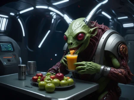 bbuk_style <lora:PureDarkness_RetroSciFi-000060:0.9> a old android creature eats lunch in a engine room, cinematic shot