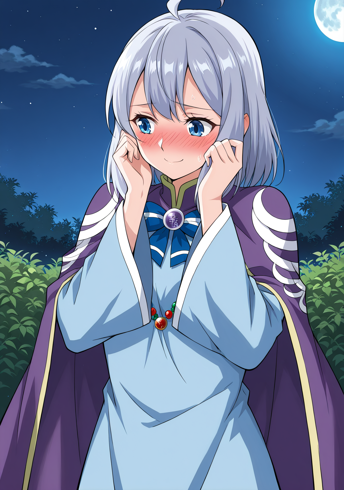 <lora:Dan_Chen__Battle_Through_the_Heavens__Illustrious:1>
1girl, solo, silver hair, short hair, ahoge, anime style, bangs, soft expression, blue eyes, 
long robe, traditional clothes, fantasy outfit, purple cloak, wide sleeves, long sleeves, sleeves past fingers, blue inner dress, gradient design, moon pattern, decorative embroidery, formal uniform, layered clothing, blue bowtie, ribbon brooch, gemstone brooch, bead necklace, moon-themed outfit, detailed trim, 
score_9, score_8_up, score_7_up, source anime, BREAK, cowboy shot, blushing, embarrassed, shy, looking away, hands near face, flustered, cute expression, nervous smile, fidgeting, garden background, night