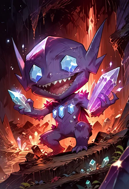 score_9, score_8_up, score_7_up, (source_anime, rating_safe), solo, (slimes_sableye, chibi body), ( wide smile, open mouth), (cave, glowing crystals, crystals), (detailed image, high resolution, 5k resolution:1.0), (dark theme, dark , dim light)