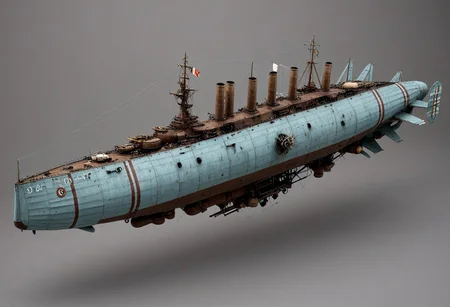 masterpiece, best_quality, very_aesthetic, highres, absurdres, ultra detailed, airship, battleship, steampunk, Victorian,
flying over the south sea,
airship, vehicle focus, no humans, military vehicle, military, science fiction, aircraft flying, radio antenna, cannon, machinery, (light gray/light blue vehicle),
spiral, pipe ,rivets, ,wire,