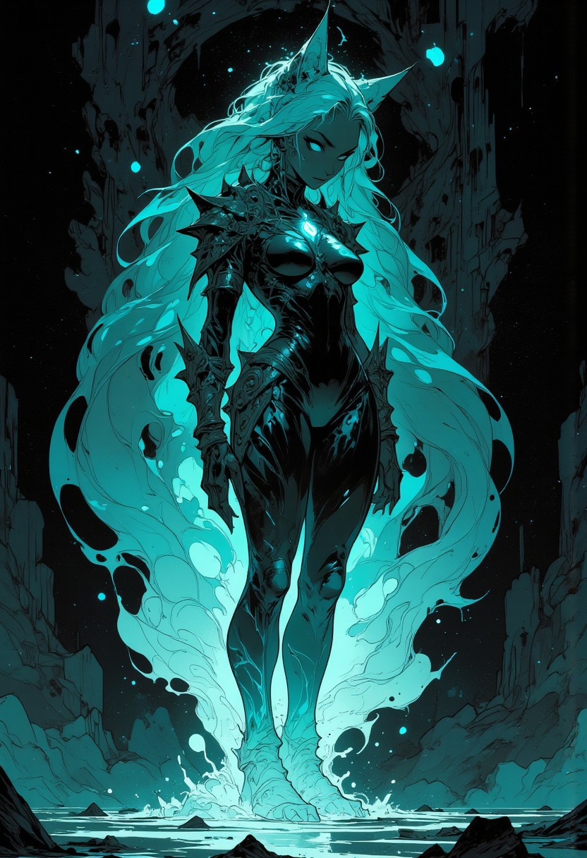 Liquid silver flowing out of a meteor,swirling and gathering on the floor, solidifying into the shape of a humanoid cat silhouette, glowing an ominous teal color. Realistic
Niji Stan Katayama style.