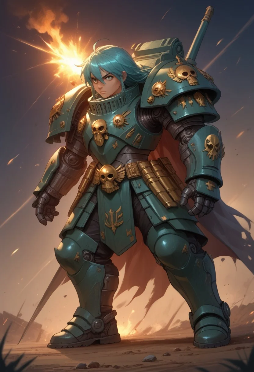 score_9, score_8_up, score_7_up, source_anime, solo, adorable chibi Hatsune Miku, partial body, close view, fighting in a battlefield, angry, Warhammer battle armor, Warhammer shoulder armor, Warhammer chest armor, robotic joints, (long legs, long arms, chibi body:1.2), (indirect lighting, dynamic lighting:1.4), explosion background, chibi art style, (detailed image, high resolution, 5k resolution:1.0), (realistic style, Las Lindas Art Style:1.2)