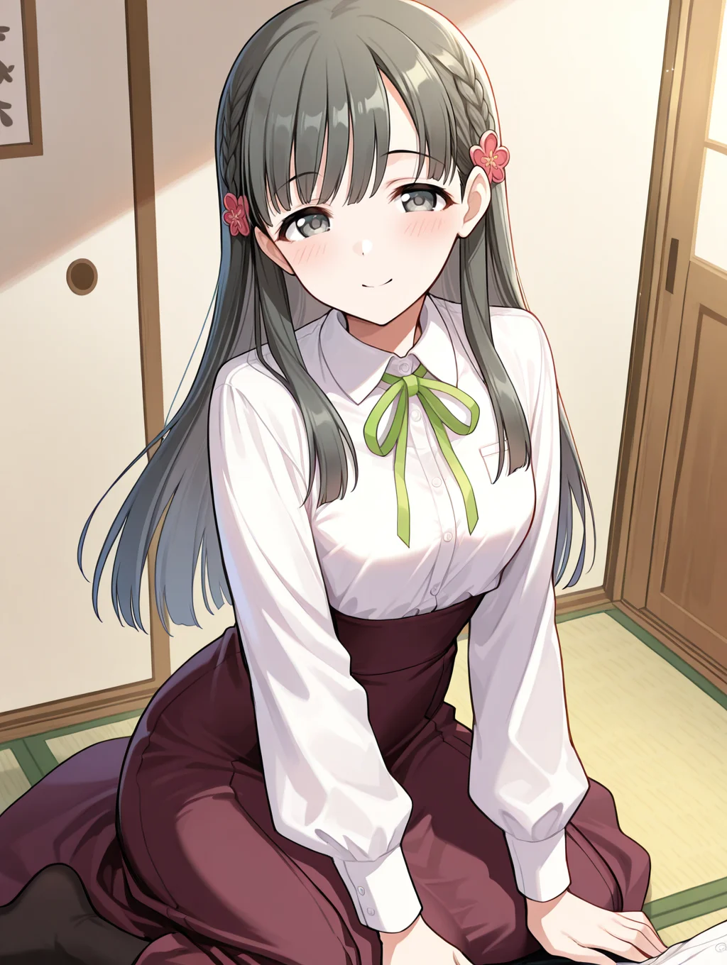 masterpiece,best quality,very aesthetic,absurdres,highres,newest,
1girl,solo,
kbykwse aikurushii,kobayakawa sae,bangs,dress,brown skirt,long skirt,high-waist skirt,white shirt,
eyebrows visible through hair,
flower,grey eyes,black hair,hair flower,hair ornament,long hair,
blush,highres,black thighhighs,braid,
<lora:idolmaster_kobayakawa_sae_ill_v1.0:1>,