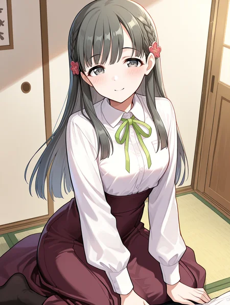 masterpiece,best quality,very aesthetic,absurdres,highres,newest,
1girl,solo,
kbykwse aikurushii,kobayakawa sae,bangs,dress,brown skirt,long skirt,high-waist skirt,white shirt,
eyebrows visible through hair,
flower,grey eyes,black hair,hair flower,hair ornament,long hair,
blush,highres,black thighhighs,braid,
<lora:idolmaster_kobayakawa_sae_ill_v1.0:1>,
