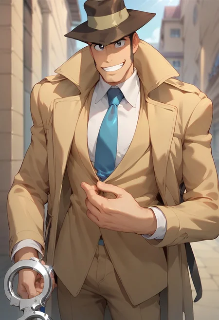 score_9, score_8_up, score_7_up, score_6_up, Expressiveh, male focus, solo, zenigata, black eyes, hat, blue necktie, brown pants, trench coat, sideburns, hold handcuffs, smile