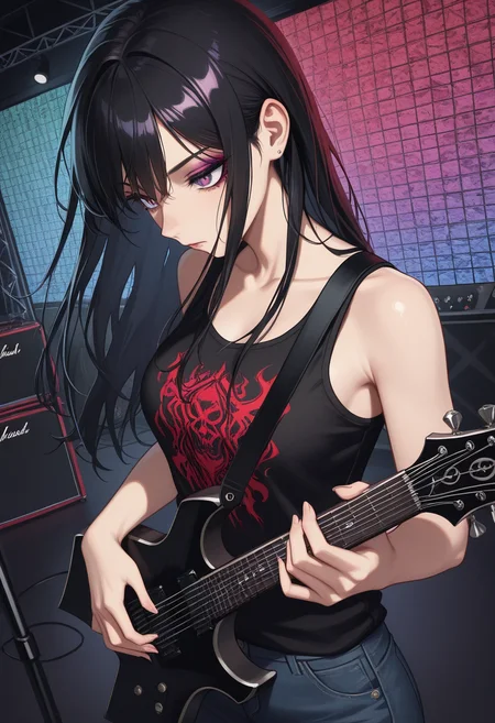masterpiece, best quality, Graphic Design, color art, vibrant colors, colorful, intricate details, high contrast, detailed background, beautiful detailed, beautiful face, detailed eyes, detailed face, new, newest, w4rl0ck, instrument, electric guitar, holding instrument, playing instrument, 1girl, solo, long black hair, tank top, makeup, jeans, punk, stage, dutch angle, serious face, (upper body, perspective:1.4), from side,