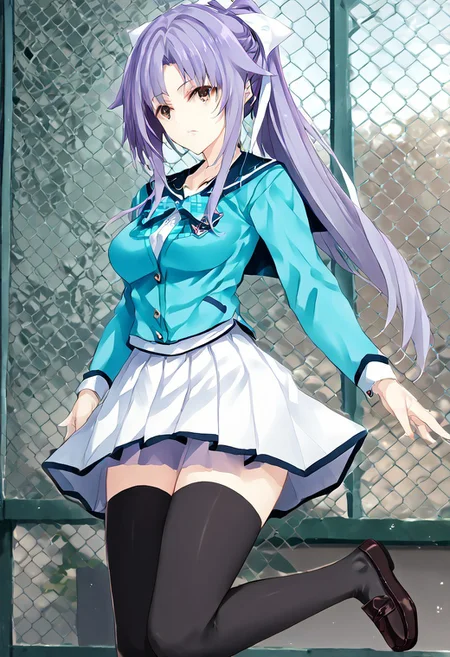 score_9, score_8_up, score_7_up, score_6_up, score_5_up, score_4_up, source_anime, 1girl, solo,
hime, purple hair, brown eyes, seihuku, light blue uniform, light blue ribbon, white skirt, black_thighhighs, loafers,
masterpiece, best quality, very aesthetic, absurdres,