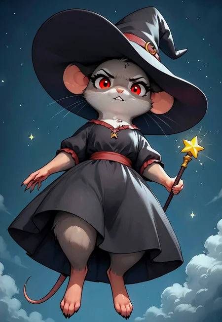 score_9, score_8_up, score_7_up, score_6_up, score_5_up, score_4_up, (3D), (dark background:2), m0use_goldie, aura, female, (cute), (feral), red eyes, ((grey fur, black ears)), (black dress), (witch hat:2), (holding magic staff), look at viewer, (stars, clouds, beautiful night sky:2), (angry expression:1.5), (dramatic angle, low angle view:2), (mouse tail), (levitating, floating, flying:2),