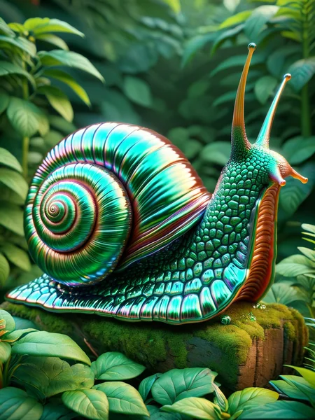 an ais-metalz snail, sliding along a branch in a lush garden <lora:Metallic_Iridescence_SDXL:1>