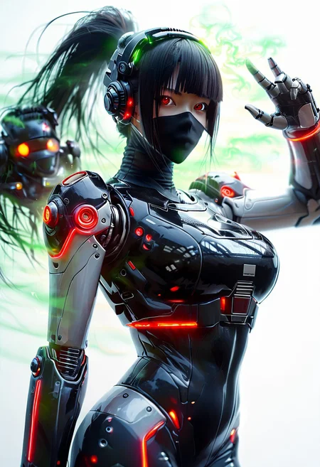 score_9, score_8_up, white background, looking at viewer,
1girl, robot girl, mechanical girl, translucent skin, black body, beautiful smooth skin, chromic light, black hair, long hair, android girl, human looking android, head mounted display, head visor, transparent visor, 
large breasts, curvy, cowboy shot, beautiful eyes, black headband, green head accessories,  random pose, blunt bangs, hime-cut, black carbon fiber, korean facial features, neon lights, ponytail, red eyes, ninja mask, sidelocks, face mask, female robot ninja,
auralora, green aura, colorful, glowing, IrradiateMorph