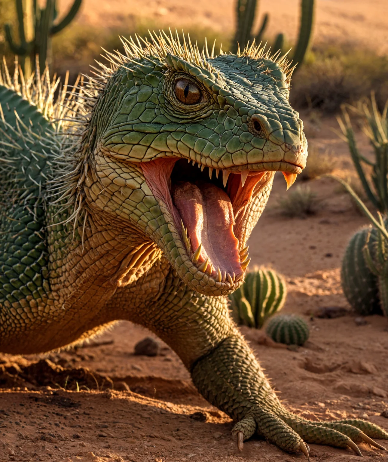 A Documentary wildlife photograph, of a hyperrealistic depiction of a surreal and imaginative desert creature—an extraordinary hybrid of a monitor lizard and a cactus, in a defensive posture. The creature has the overall anatomy and muscular form of a large venomous lizard, but its texture, surface, and details are entirely botanical in nature, resembling a living cactus rather than reptilian scales. The colour of the creature is a rich desert green, with patches of dusty olive and hints of sun-faded yellow-green across the segments of its body. The skin is matte and rough, like the ridged surface of a mature cactus, complete with visible areoles and fibrous ridges.
Dozens—perhaps hundreds—of sharp, needle-like spines protrude from every segment of its body. These thorns are perfectly spaced, sharp, and slightly curved outward, casting thin, pointed shadows against the creature’s skin in the warm desert light. Each thorn glows subtly at the tip in the ambient sun, hinting at natural iridescence or biological adaptation. The density and symmetry of the spikes create a hypnotic pattern across its coiled form, combining the natural defense mechanisms of both cactus and snake into a perfect fusion of flora and fauna.
The head of the creature is unmistakably reptilian in structure but remains consistent with its cactus biology. Its face has defined, symmetrical features, a slightly raised brow, and golden, slit-pupil eyes that glint with alertness and intelligence. The surface of the face is textured like cactus flesh, with tight scales replaced by rugged, fibrous cactus ridges. Along the top of its head are additional clusters of spines, giving it a slightly crested silhouette, almost like a thorny crown. Its nostrils and mouth are clearly defined, but rather than wet, scaly flesh, they appear as dry, split segments in the plant-like surface—almost like a cracked desert husk.
Its tongue is visible in this scene, (((mouth open wide fangs showing))) , showing the suggestion of movement or intention—in the middle of a strike, The creature’s overall posture is one of readiness and latent threat, yet it also carries a strange beauty, perfectly adapted to the harsh, arid environment it must inhabit. The background is softly blurred, consisting of earthy desert tones: warm brown sand, distant beige rock formations, and dry shadows. The lighting is soft and natural, possibly during the golden hour, which gives the creature’s green and golden hues a subtle glow and enhances the contrast between the thorns and the matte body surface.
The depth of field is shallow, with the background softly out of focus, allowing all attention to remain on the creature’s form. Its body is coiled in a complex, elegant loop, overlapping in ways that reveal the mechanical precision of its biological structure. The layering of its coils adds depth, texture, and movement to the composition, creating a sense of realism despite the fantasy concept.
The overall tone is mysterious, otherworldly, and slightly unsettling—yet also mesmerising. This hybrid creature could easily exist in a post-apocalyptic biome, an alien world, or a magically transformed desert landscape. The blending of flora and fauna feels seamless, with attention to texture, anatomy, and lighting that makes the creature believable within a fantastical context..4k, 8k, highly detailed, cinematic, 8k, dramatic lighting, high detail, highly detailed, hyper realistic, intricate, intricate sharp details, 35mm photograph, film, bokeh, professional, 4k, highly detailed