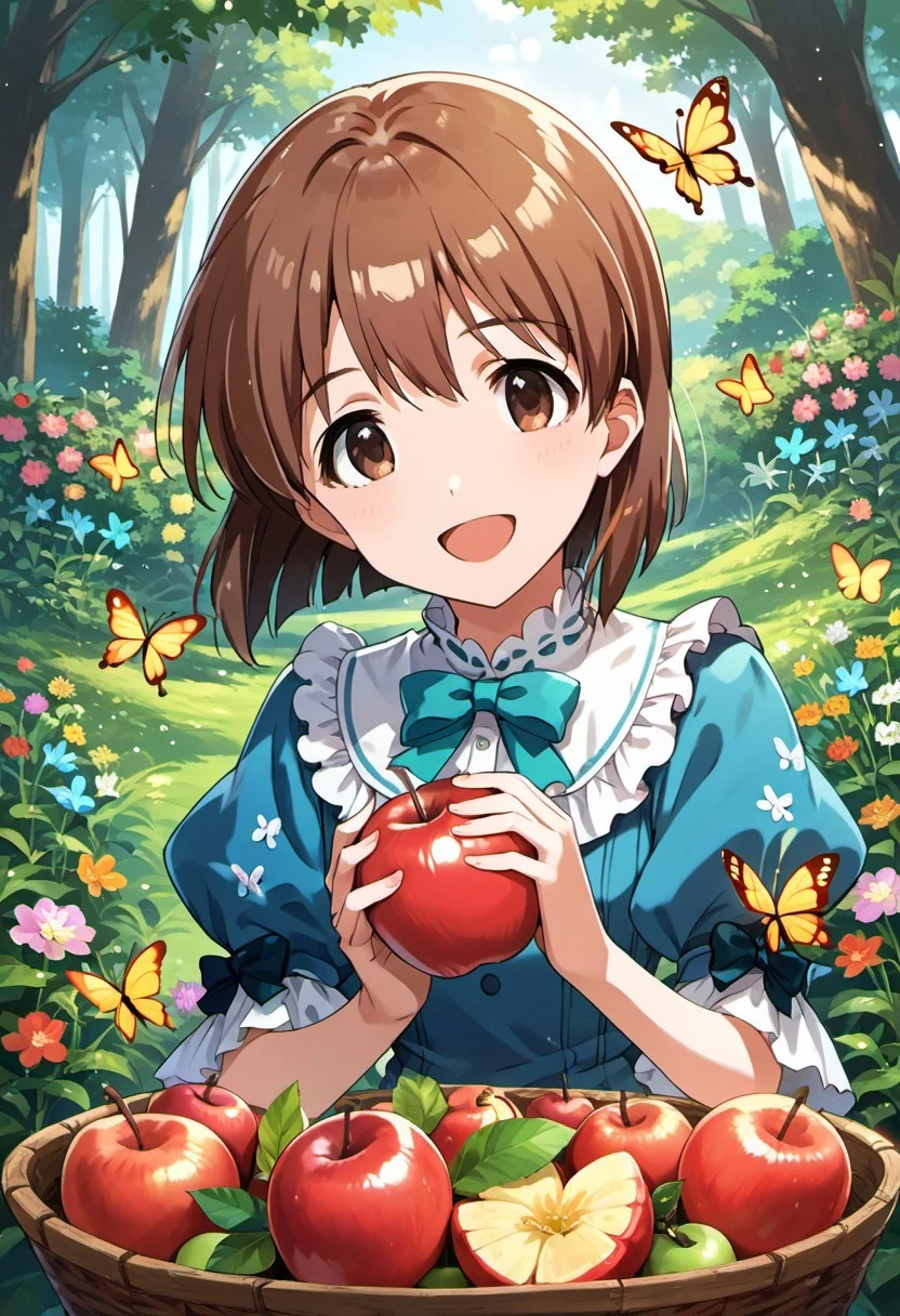 score_9, score_8_up, score_7_up, source_anime,hagiwara yukiho, brown hair, short hair, brown eyes, 1girl, apple, food, fruit, smile, butterfly, bug, deer, flower, open mouth, bow, :d
