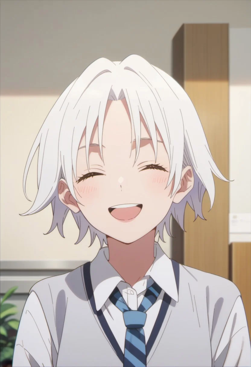 score_9, score_8_up, score_7_up, source_anime, tsuruyama shirahi, short hair, white hair, solo, closed eyes, smile, 1girl, shirt, facing viewer, collared shirt, open mouth, white shirt, indoors, :d, necktie