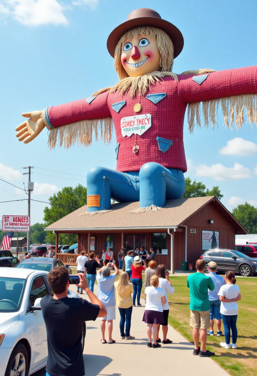 <lora:Roadside_Attraction_Assembler_FLUX_r1-000007:0.85>   
Photo depicting a surreal scene at a "world's largest scarecrow" roadside attraction, along with people taking photos of it and cars parked near it.