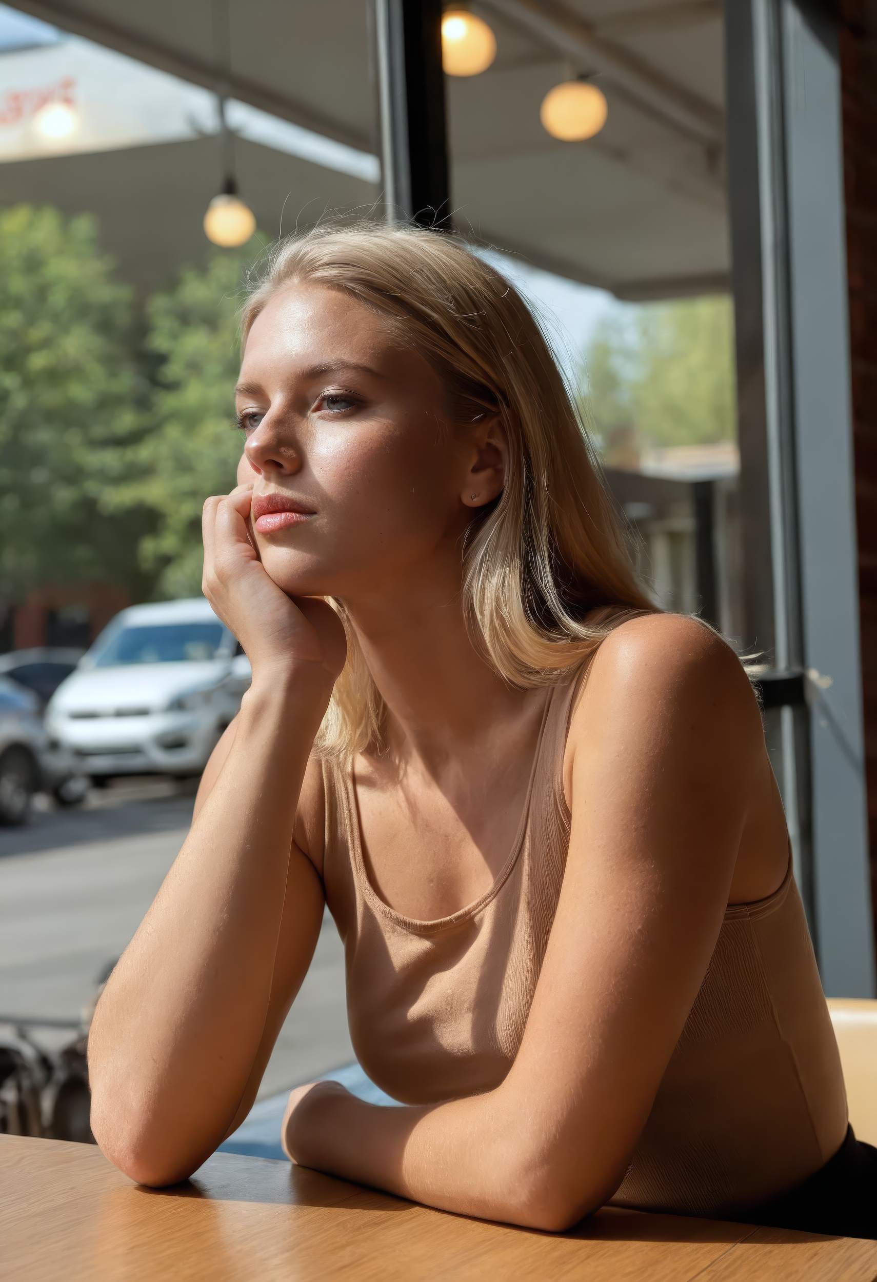 sdxl_bregjebloem in a local café, resting on her elbows, gentle tilt to her head, plain scoop-neck top, natural late afternoon window lighting with warm color grading