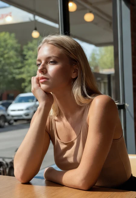 sdxl_bregjebloem in a local café, resting on her elbows, gentle tilt to her head, plain scoop-neck top, natural late afternoon window lighting with warm color grading