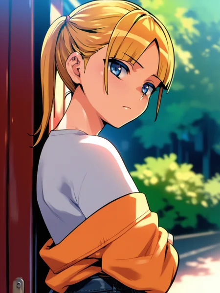 <lora:happy_tentacle-rina-v0.3-000034:0.9>, ht_rina, shirt, pants, outdoors , 1girl, solo, upper body , , ( exhausted :1), , looking at viewer , , from side , score_9, score_8_up, score_7_up, score_6_up, score_5_up, score_4_up