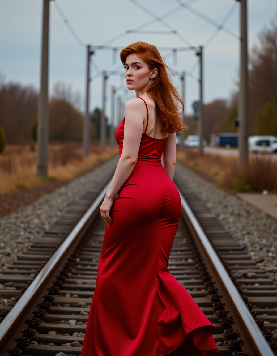 A blazing redhead supermodel stands on an active railway track, her crimson silk gown pooling at her feet as the distant glow of an oncoming train approaches. The wind rushes against her, sending shivers through her exposed skin. She locks eyes with the camera, her gaze dripping with defiance and raw eroticism. Itâs a high-stakes moment of beauty and dangerâthe sound of steel against steel, the scent of adrenaline in the air, and the undeniable presence of a woman who refuses to move   <lora:jialissa64:0.9>