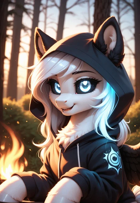 score_9, score_8_up, score_7_up, score_pony, zPDXL3, fluffy, masterpiece, best quality, ultra-detailed, 8K UHD, cinematic lighting, hyper realistic shading, volumetric light, high contrast, HDR, depth of field, intricate textures, finely detailed fur 
BREAK
Albina, wild pony, (pony:1.2), white fur, white long hair, black sclera, (glowing white eyes:1.2), (black wings:1.2), sitting by the fire, in a hoodie, in a hood, in the background a magical forest, night, black ears
 BREAK 
(masterpiece:1.3), (best quality:1.3), (highly detailed:1.3), (ultra-detailed face:1.4), (sharp expressive eyes:1.3), (perfect anatomy:1.2), (realistic lighting:1.2), (dynamic shadows:1.1), (hyper-detailed fur texture:1.4), (soft lighting:1.3), (Unreal Engine 5 render style:1.3), (cinematic depth of field:1.2), (4k resolution), (beautifully color graded:1.1), (smooth shading), (glowing highlights:1.2), (crispy lineart)
