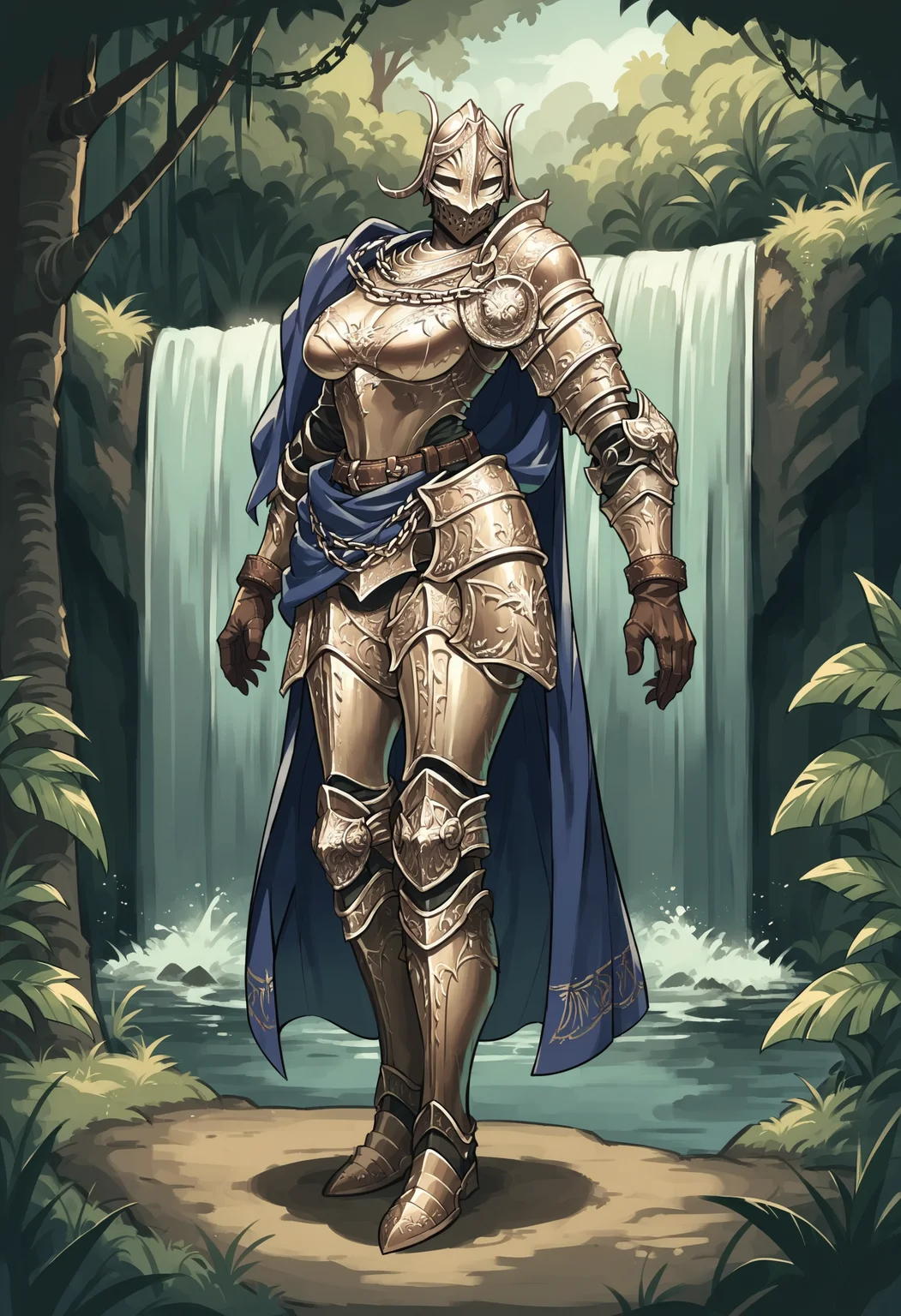 score_9, score_8_up, score_7_up, score_6_up, score_5_up, score_4_up, <lora:Rellana:0.85> 1girl, armor, full armor, shoulder armor, helmet, gauntlets, cape, chain, knight, faceless, large breasts, full body,
jungle background, trees, waterfall,