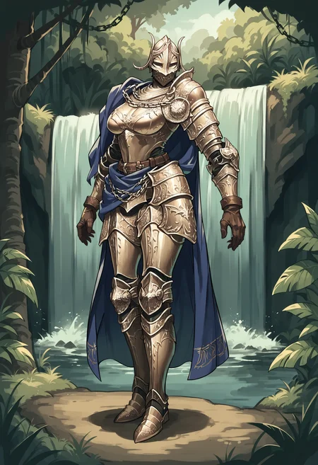 score_9, score_8_up, score_7_up, score_6_up, score_5_up, score_4_up, <lora:Rellana:0.85> 1girl, armor, full armor, shoulder armor, helmet, gauntlets, cape, chain, knight, faceless, large breasts, full body,
jungle background, trees, waterfall,