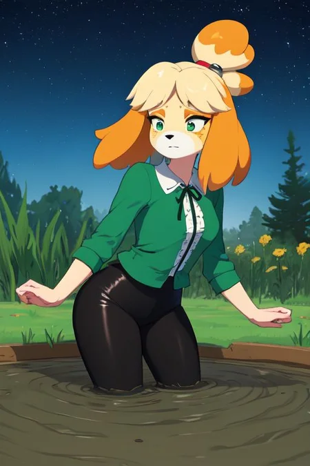 isabelle \(animal crossing\), (masterpiece, best quality:1.15), 1girl, solo, large breasts, high cheekbones, thick eyebrows, small mouth, looking to the side, leaning forward, adjusting clothes, tight leggings, green crop top shirt, starry nights, long hair, twin short braids, scared, partially submerged, struggling, farmland bog, chest deep