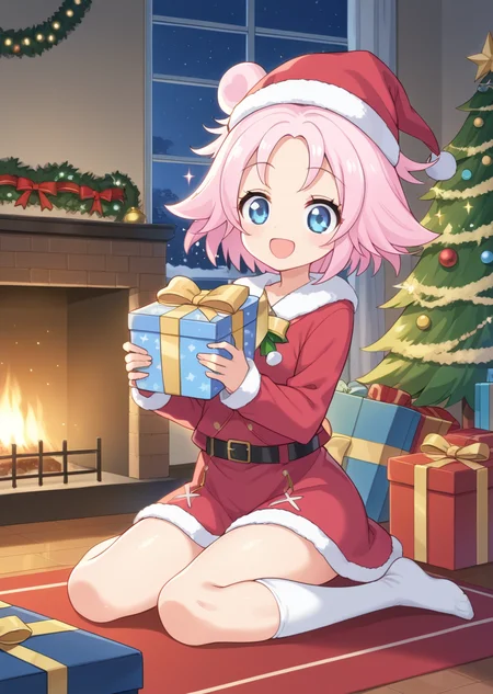 score_9, score_8_up, score_7_up, score_6_up, score_5_up, labra, blue eyes, pink hair, short hair, double bun, 1girl, solo, living room, at night, fireplace, night time, christmas tree, santa hat, santa dress, sitting, holding giftbox, smile, happy, sparkles, +_+. open mouth