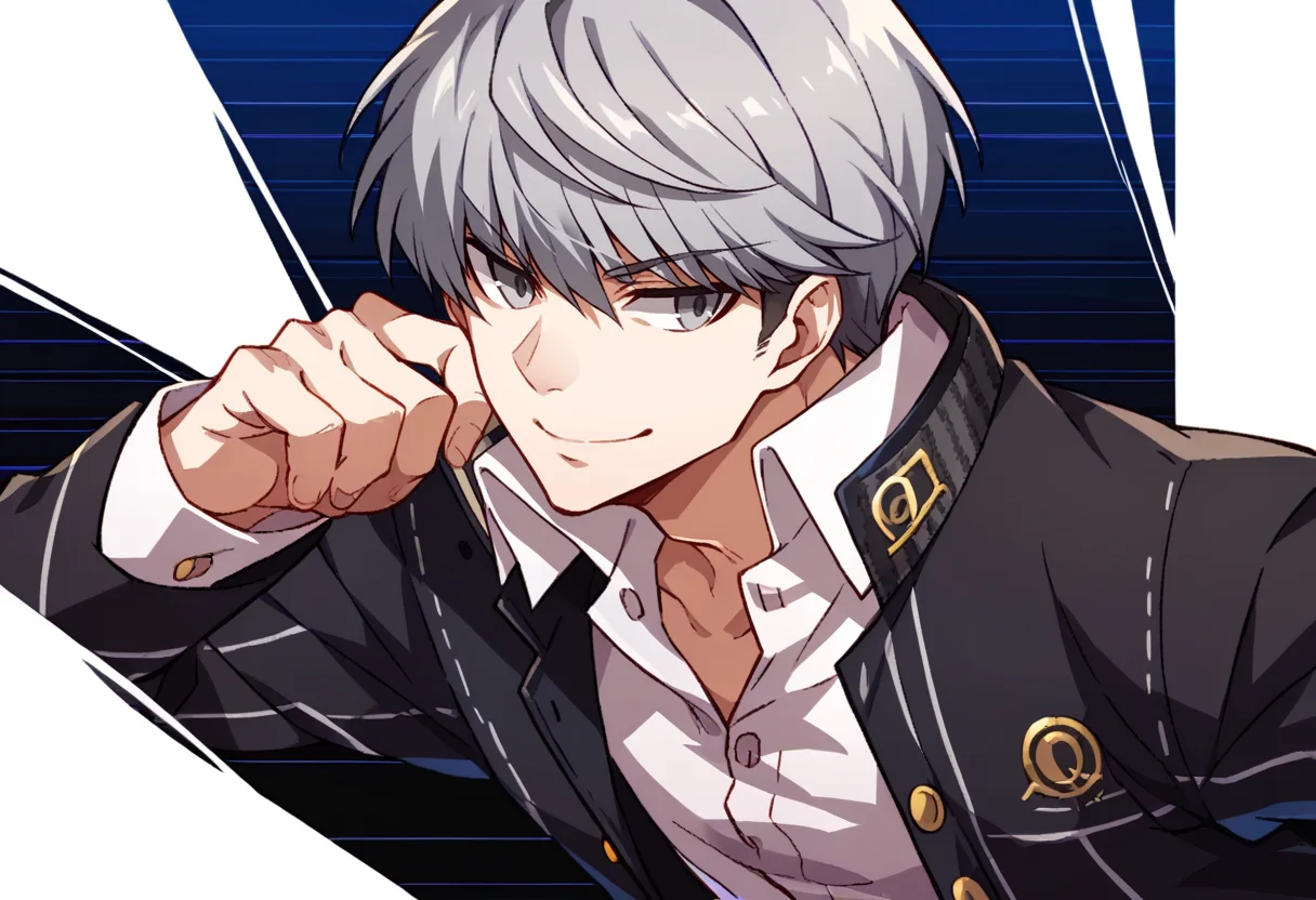 score_9, score_8_up, score_7_up, source_anime, BREAK, solo, 1boy, smirk, <lora:Under-Night-Cutin-pdxl_Fp:1>, blue background, looking to the side, striped background, <lora:persona4_yunarukami_ponyXL:1>, narukami yu, grey hair, grey eyes, school uniform, black jacket, open jacket, long sleeves, white shirt, collared shirt, black pants,