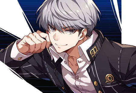 score_9, score_8_up, score_7_up, source_anime, BREAK, solo, 1boy,  smirk, <lora:Under-Night-Cutin-pdxl_Fp:1>, blue background, looking to the side, striped background, <lora:persona4_yunarukami_ponyXL:1>, narukami yu, grey hair, grey eyes, school uniform, black jacket, open jacket, long sleeves, white shirt, collared shirt, black pants,