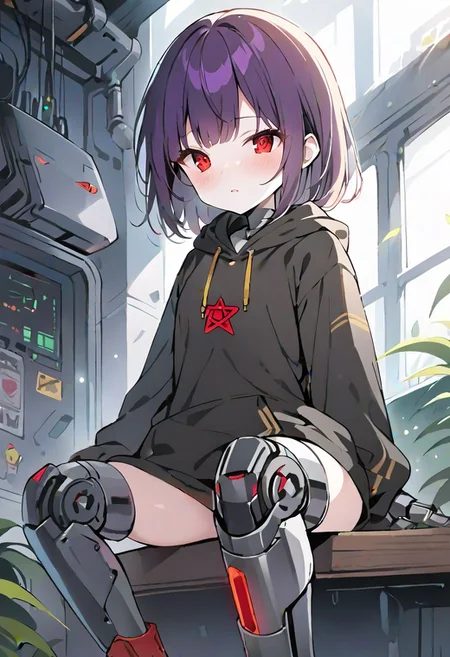 girl, chara, red eyes , dark brown short hair, ((masterpiece)), ((high quality)),best quality, (extremely detailed CG:1.2), Highres, 4K, 8K,big black hoodies, red pentagram on hoodie, black socks, android, robot, joints, mechanical_arms, mechanical legs, purple hair, hollow eyes, red pixel eyes