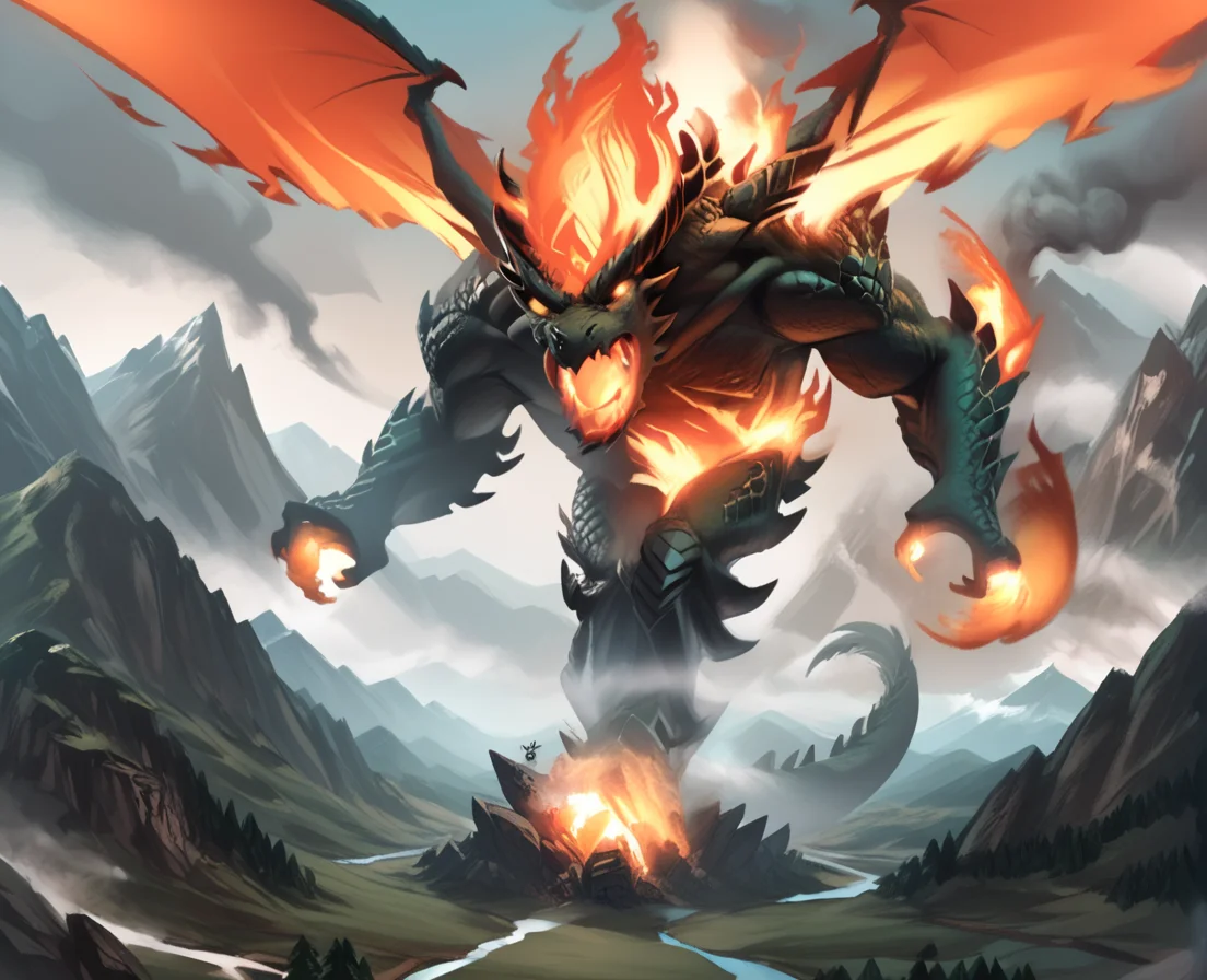 <lora:element_blend:0.8>,detail,score_9, score_8_up, score_7_up, score_6_up, score_5_up, score_4_up,
elementalfusion, , fire, no humans, dragon, mountain, monster, giant, 4 elements
