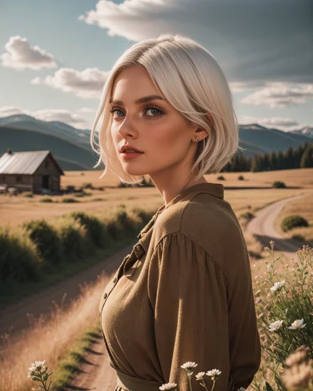 (macro shot:1.4), (Sn0frid_v1, white hair:1.3), medium bosom, (style of Dorothea Lange) rugged frontier homestead woman, 1800s Montana, linen blouse, long skirt, apron, practical sturdy boots, earthy tones, natural fibers, rustic charm, sepia-toned aesthetic, arid golden prairie, wooden cabin, wildflowers, cracked soil, farm tools, weathered textures, sun-dappled lighting, determined expression, confident pose, wind-tousled hair, (dramatic clouds:1.2), vast open landscape, vintage authenticity, pioneering spirit ,