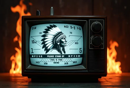 A high-resolution image of a classic 1970s 'under maintenance' TV screen. The screen features a Native American head in a headdress, similar to the traditional test patterns used in that era. The test pattern includes various measurement marks, circles, lines, and geometric shapes, all in a grayscale color scheme. In the center, where it traditionally says "PLEASE STAND BY," replace it with "THIS IS FINE" in a retro font. The overall design should evoke nostalgia, with an aesthetic that captures the look and feel of 1970s television screens. Additional elements like vintage TV knobs, dials, and a slightly worn texture can be added to enhance the nostalgic effect. flames are rising and flickering all around the tv.