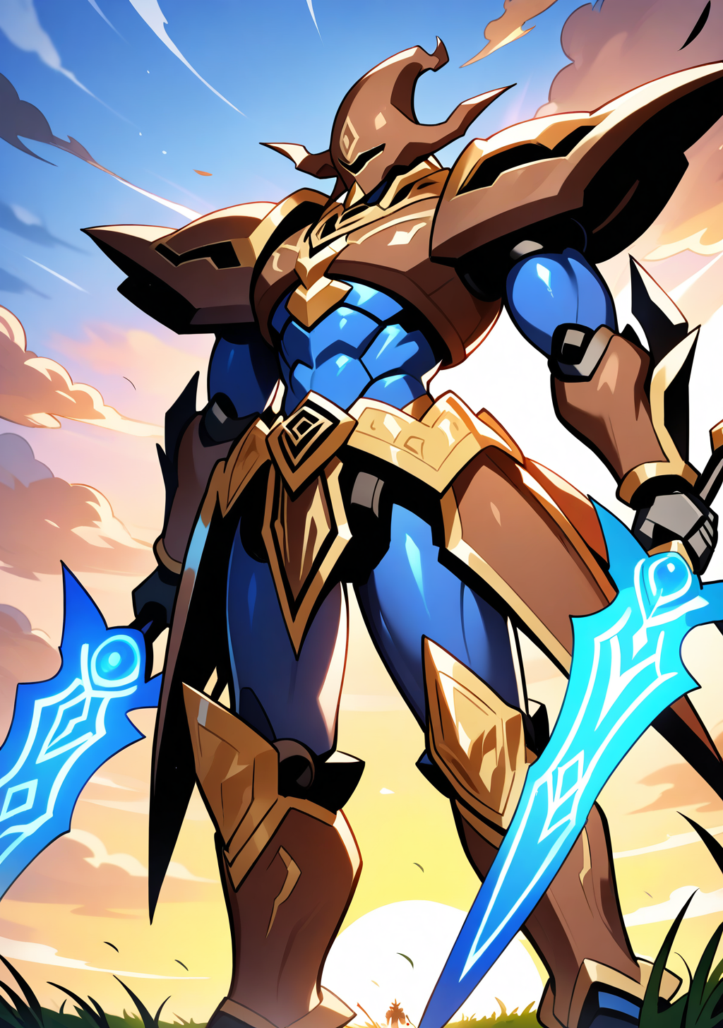 masterpiece, best quality, absurdres, perfect lighting,shiny skin,<lora:spo_sdxl_10ep_4k-data_lora_webui:0.7>,1boy,shukusei_lo, <lora:Voiceless Voice:0.9>,brown armor,dual wielding,duel monster,holding sword,mecha,grass, sunset,wind,