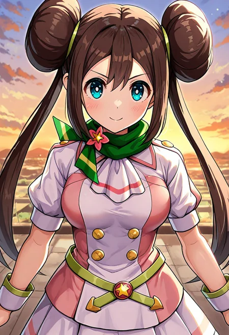 2d, masterpiece, best quality, amazing quality, 1girl, solo, close-up, standing, sky, looking at viewer, scrosa, def colors, blue eyes, brown hair, double bun, twintails, sidelocks, white shirt, yellow buttons, pink shirt, short sleeves, white wrist cuffs, green belt, green scarf, white ascot, white skirt,
