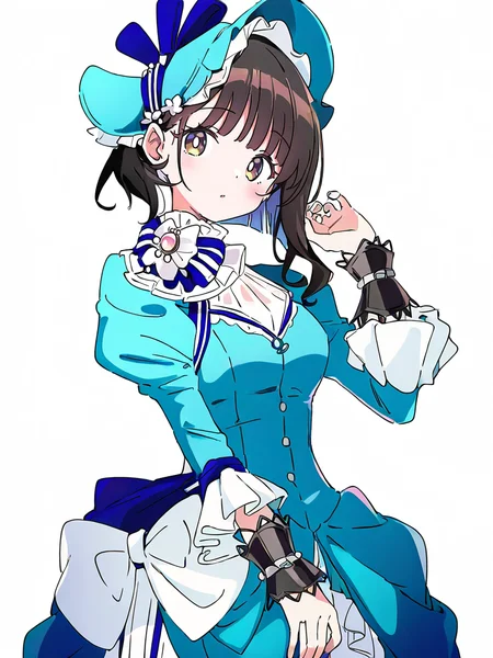 1girl,solo,simple background,white background,cowboy shot,looking_at_viewer,wuseyue(suit),blue dress,,hat,<lora:wuseyue-000014:1>, masterpiece, best quality, very aesthetic, absurdres,newest, incredibly absurdres,, ,(Ixy:0.6)),(hiten \(hitenkei\):0.7),
