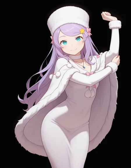 <lora:Anastasia Hoshin Illustrious:1>1girl, solo,
anast4sia, purple hair, swept bangs, aqua eyes, star hair ornament,
white dress, frilled dress, long dress, fur-trimmed capelet, fur-trimmed cape, pom pom (clothes), pink bow, pendant, white choker, white hat,
looking at viewer, smile, stretching,
<lora:Bartolomeobari Style Illustrious:1>, masterpiece, best quality, amazing quality, simple background, black background,