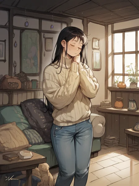 score_9, score_8_up, score_7_up, score_6_up, score_5_up, <lora:1llum1XLP:1> 1llum1, 1girl, long hair, curvy, living room, sleepy, sweater, jeans,