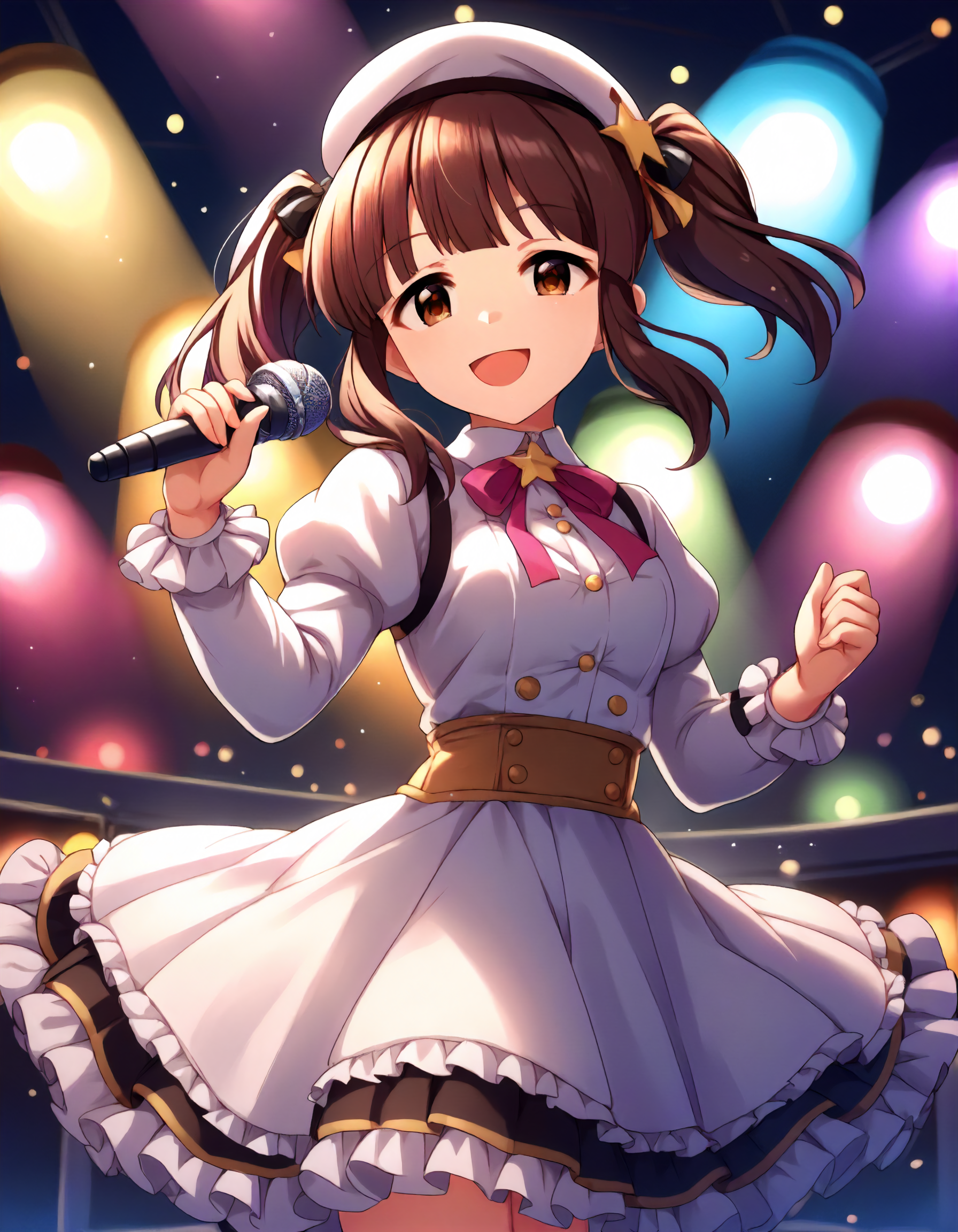 score_9,score_8_up,score_7_up,1girl,solo,cowboy shot,looking at viewer,smile,open mouth,holding microphone,stage lights,
<lora:ogatachieri_ponyXLV6:0.8>,cgoc,
purple hair + brown hair,blunt bangs,sidelocks,twintails,brown eyes,
white beret,white dress,puffy long sleeves,frills