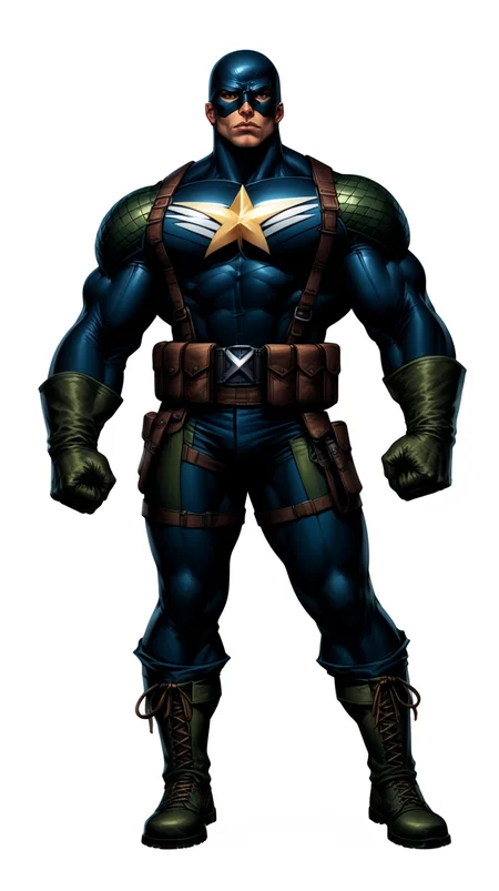 score_9, score_8_up, score_7_up, a man with a strong jaw in a tactical navy blue (muscled superhero costume with green armored highlights:1.2), (m1 helmet:1.4), (superhero domino mask:1.2), leather gloves, laced combat boots, bullet bandolier across his chest, (eagle crest on chest:1.2), gunslinger belt, huge biceps, (white background:1.2), character design, concept art, detailed face, high Detail, Sharp focus, dramatic pose, (full body shot:1.2), (solo:1.2), <lora:ArtgermLycoXL:0.5> <lora:c0rb3nXLP:0.5> c0rb3n <lora:detailed_hands:1> hands, <lora:ComicsPonyXL_V2:0.7> Comistyle <lora:WW2_Superhero_Costume-000019:0.7>