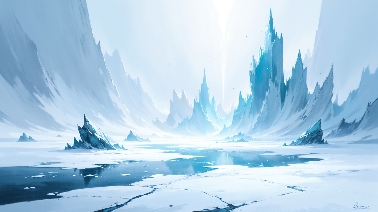 painted world, masterpiece, professional artwork, breathtaking view of a frozen winter landscape, ice covered stone ruins surrounded by a harsh frozen lake, slight cracks form in the ice