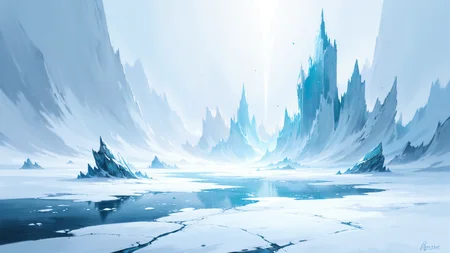 painted world, masterpiece, professional artwork, breathtaking view of a frozen winter landscape, ice covered stone ruins surrounded by a harsh frozen lake, slight cracks form in the ice