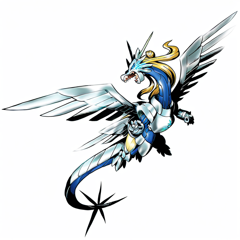 highres, best quality, masterpiece, very aesthetic, newest,DRBStyle, <lora:DigimonReferenceBookIllusV2:0.95>,solo,1dragon,blue eyes,artoria pendragon \(fate\),blonde hair,hair bun,armor,chestplate,claws,flying,silver metal wings,tail,horns,open mouth,sharp teeth,dragon wings,dragon tail,white background,full body