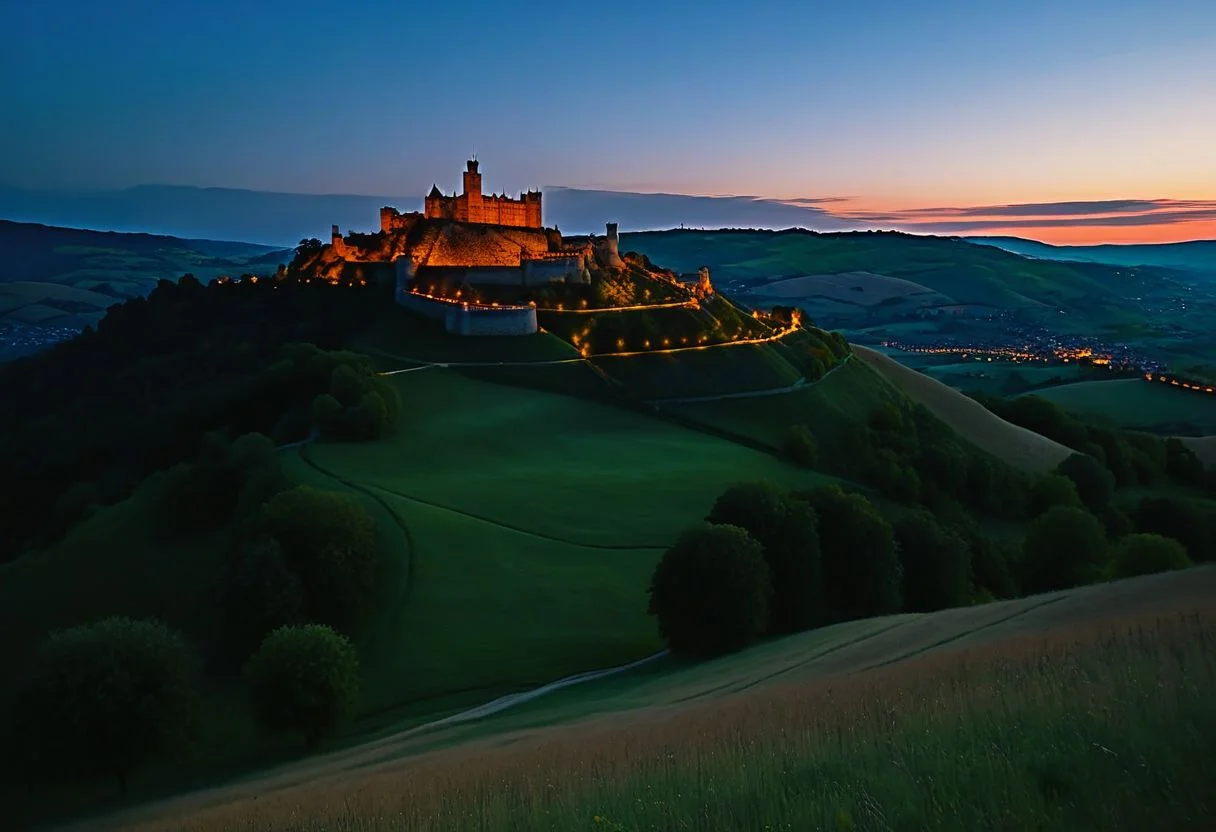 score_9, score_8_up, score_7_up,
amazing landscape of a rolling hilly valley filled with gorgeous castles on hilltops, dusk, detailed, awesome lighting, uplifting, torches are being lit at the closest of the hilltop citadels,
incredibly realistic, clear, focused, 4k, masterpiece, epic, highest quality,