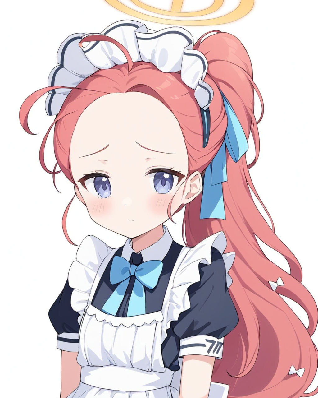 yuzu \(maid\) \(blue archive\),1girl, solo, halo, maid_headdress, white_background, simple_background, maid, looking_at_viewer, forehead, bow, ponytail, alternate_hairstyle, short_sleeves, blush, maid_apron, upper_body, hair_ribbon, ahoge, bag, alternate_costume, puffy_sleeves
<lora:yuzu_(blue_archive)_image343_2023-11-18_spv-000035:1>. gorgeous,key visual, vibrant, studio anime,award-winning, professional, highly detailed,high budget, cinemascope