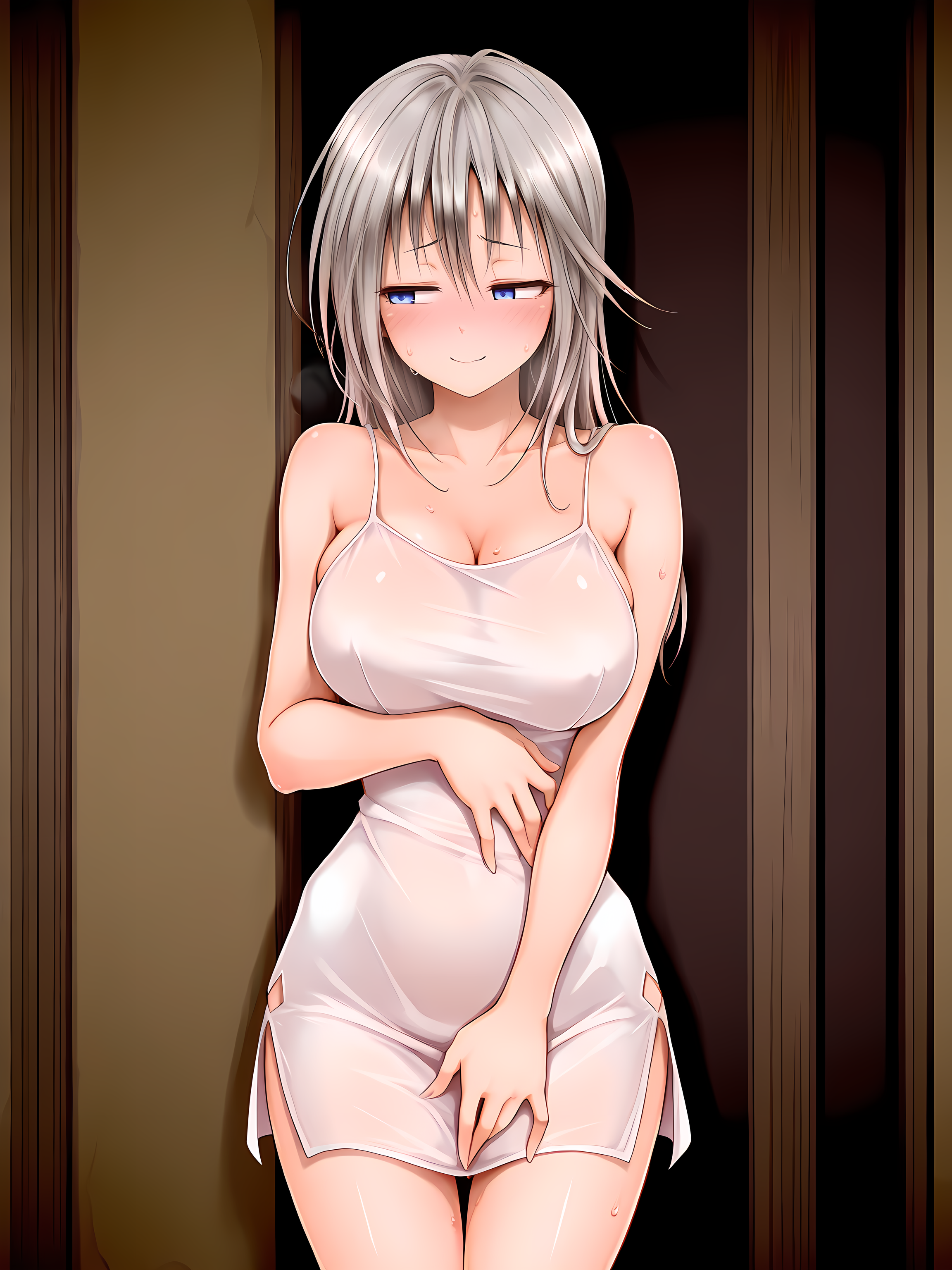 1girl,solo,slipdress,luna,73tunnel,standing,indoors,<lora:Lunalie_el_Blanca_-_Lilitales:0.8>,large breasts,teasing,fidgeting,squirming,groping,long hair,hair down,facing viewer,sweat,aroused,blush,half-closed eyes,sideways glance,hand on own stomach,, masterpiece,best quality,amazing quality,