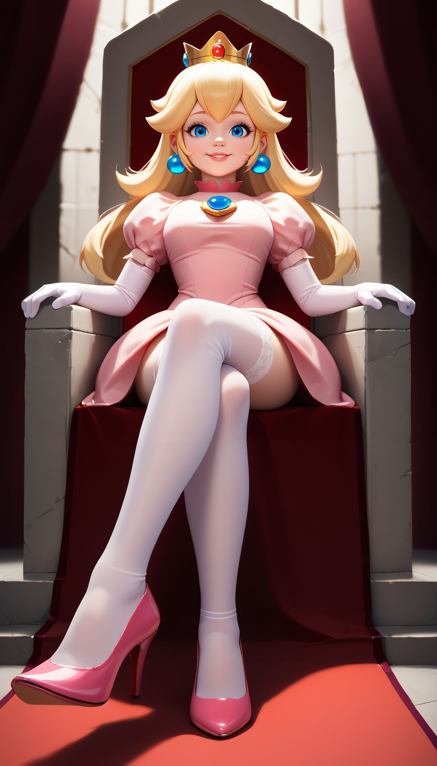 zPDXL3,  <lora:LunarCAT_Style:.8>, sitting, cross legged, foot focus, from below,  <lora:Sitting_Cross_Legged_r1:.8>,
princess peach, blue eyes, long blonde hair, gold crown, pink dress, puffy sleeves, white elbow gloves, pink heels, white stockings, looking at viewer, smiling, on throne, inside palace,