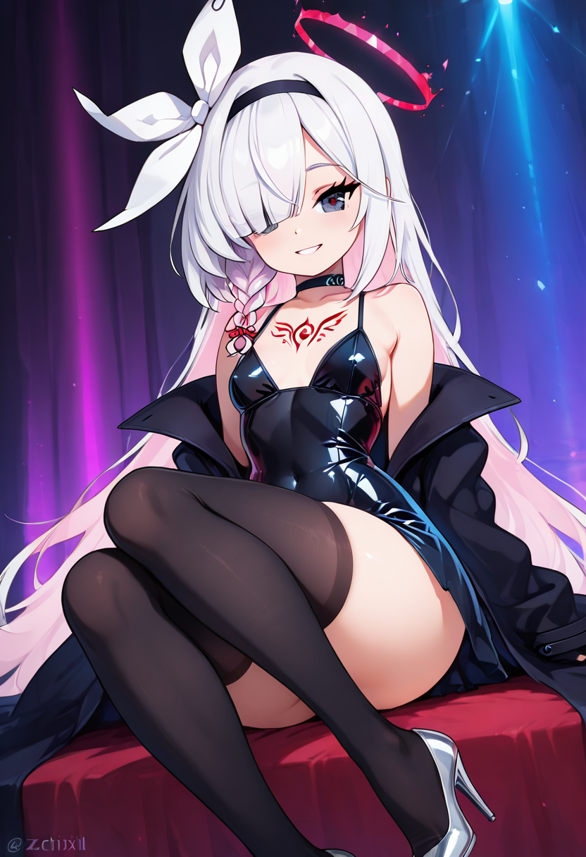 masterpiece, best quality, solo, curvy, beautiful eyes,  narrow waist, wide hips, zzPlana, grey eyes, white hair, bangs, braid, ribbon, halo, hair over one eye, black choker, bow hairband, hairband,  dynamic angle, foreshortening, close up, smile, looking at viewer,   ,       <lora:PlanaBlueArchiveIXL:1.0>, [Midnight Demon Club], Black latex dress, silver heels, glowing tattoos, spiked choker, Reclining in a velvet nightclub lounge under pulsing lights, exuding dark glamour and mystery.